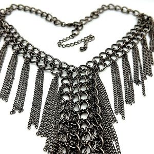 Gunmetal Grey Plated Link Chain Lariat Necklace With Chain Fringe Accents - NEW